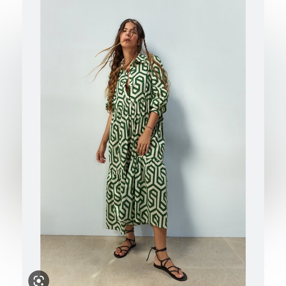 Zara green geometric maxi dress